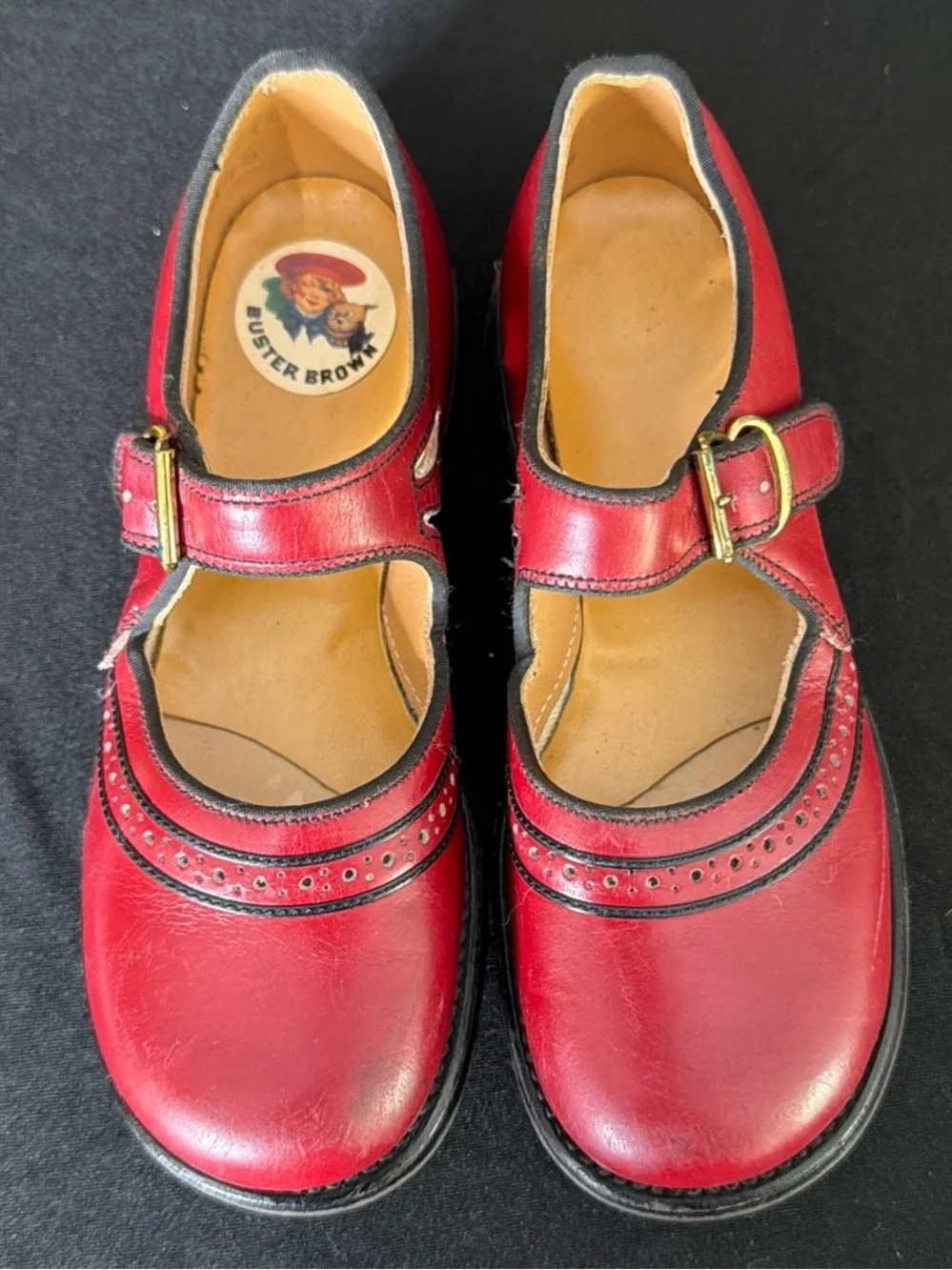 Buster Brown Vintage Girls Red Leather Mary Jane Shoes Gold Buckle Size 9